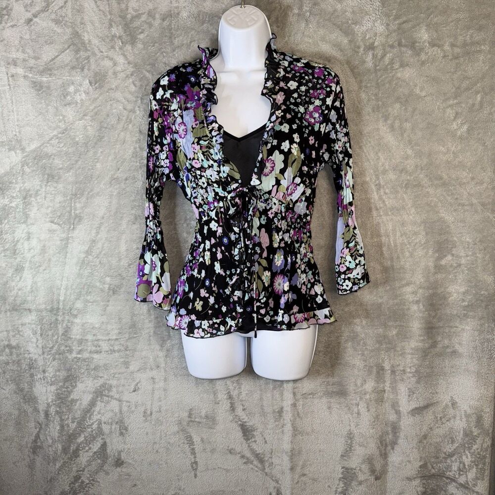 Notations Y2K Floral Ruffle Blouse Sz Small Sheer Crinkle Tie Front Fairycore